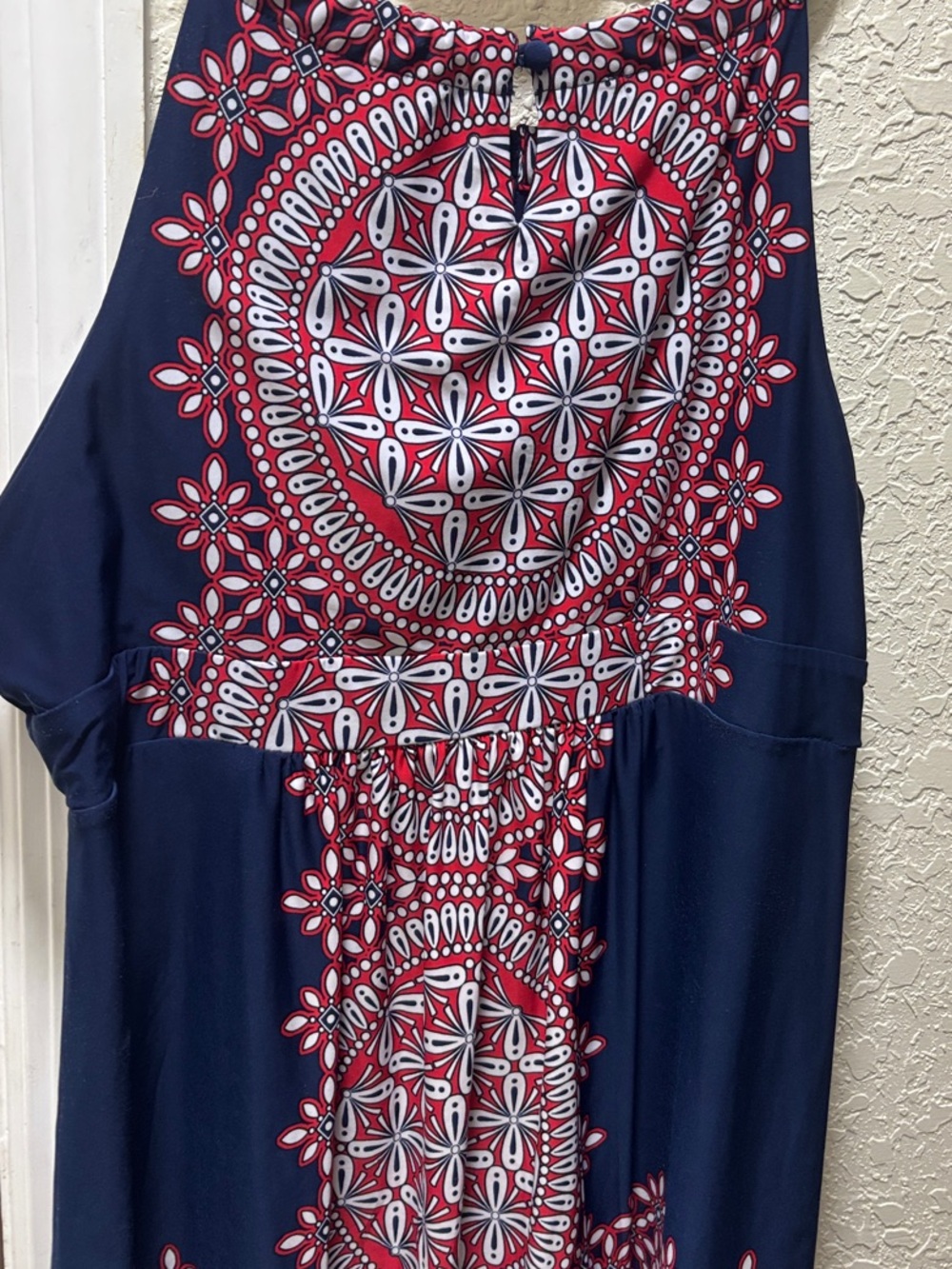 Navy Blue Red & White Printed strapless top .